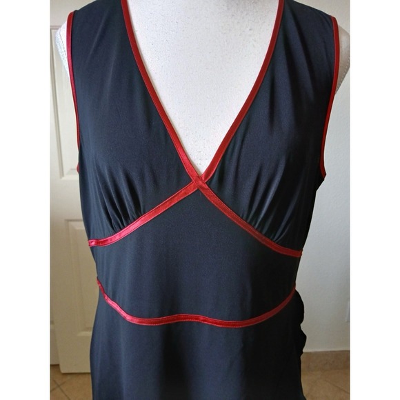 INC Womens Black Red Trim Midi Dress Asymmetrical Ruffle Hem Y2K Style Size L - Picture 9 of 15